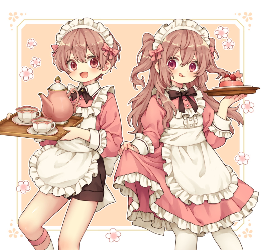 1boy 1girl apron brown_hair flower highres long_hair looking_at_viewer maid maid_apron maid_headdress matching_outfit multicolored_background open_mouth original pink_background pink_flower red_eyes rii_(pixiv11152329) short_hair siblings socks tongue tongue_out twins violet_eyes wavy_hair white_background