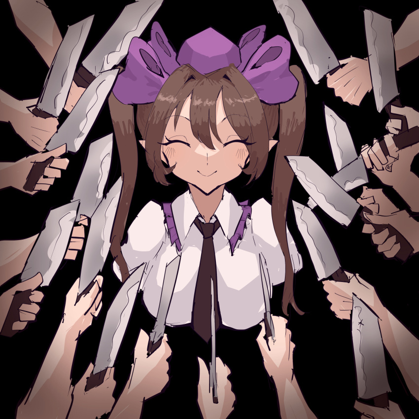 1girl 6+others absurdres bangs black_background black_necktie brown_hair closed_eyes closed_mouth hat highres himekaidou_hatate holding holding_knife john_wick knife medium_hair mugi_(mugimugi_9kv) multiple_others necktie parody pointy_ears purple_headwear short_sleeves simple_background smile solo surrounded tokin_hat touhou twintails