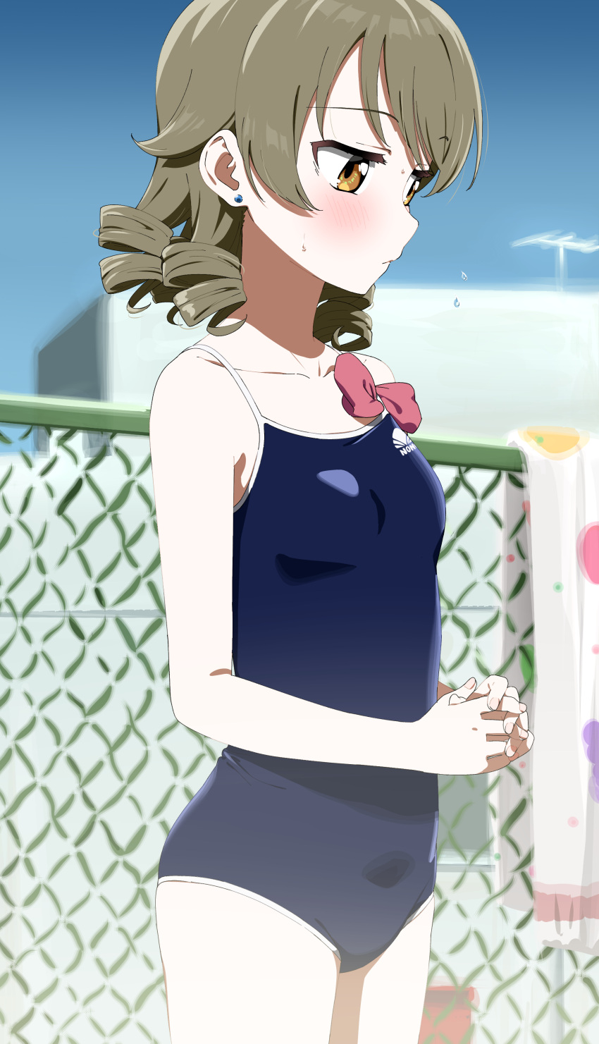 1girl absurdres blush chain-link_fence dr._gero_(staedtler_0508) drill_hair ear_piercing fence highres idolmaster idolmaster_cinderella_girls morikubo_nono orange_eyes piercing school_swimsuit sky sweat swim_cap swimsuit