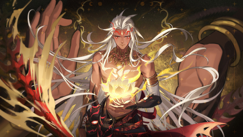 1boy asura_(onmyoji) bangle bangs bare_shoulders bracelet bridal_gauntlets chinese_commentary closed_mouth commentary_request dark-skinned_male dark_skin english_text eyelashes facepaint facial_mark floating floating_hair floating_object flower forehead_jewel forehead_mark giant_hand glowing hand_up highres japanese_clothes jewelry kongzao long_hair looking_at_viewer lotus male_focus mask mask_removed necklace onmyoji parted_bangs red_eyes serious shirt sidelocks solo star_(symbol) upper_body very_long_hair white_shirt