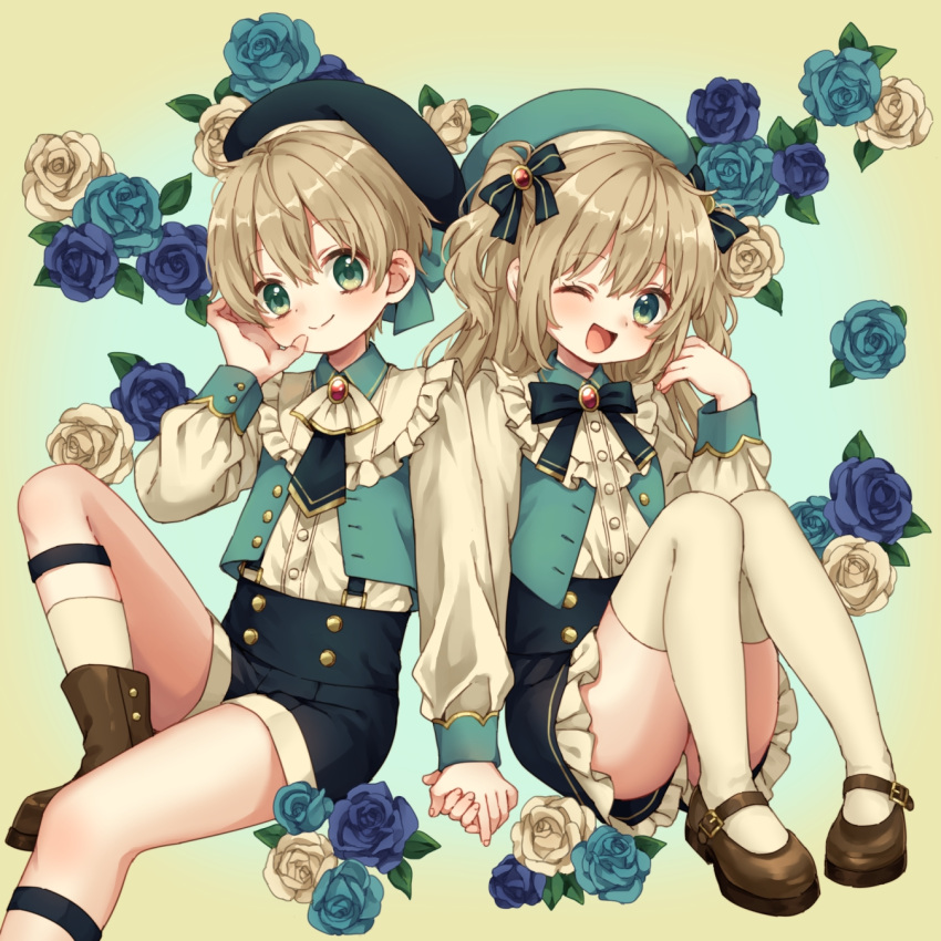 1boy 1girl aqua_eyes ascot blonde_hair blue_flower closed_mouth flower hat highres long_hair long_sleeves looking_at_viewer matching_outfit open_mouth original rii_(pixiv11152329) short_hair shorts siblings sitting smile socks suspender_shorts suspenders thigh-highs twins wavy_hair