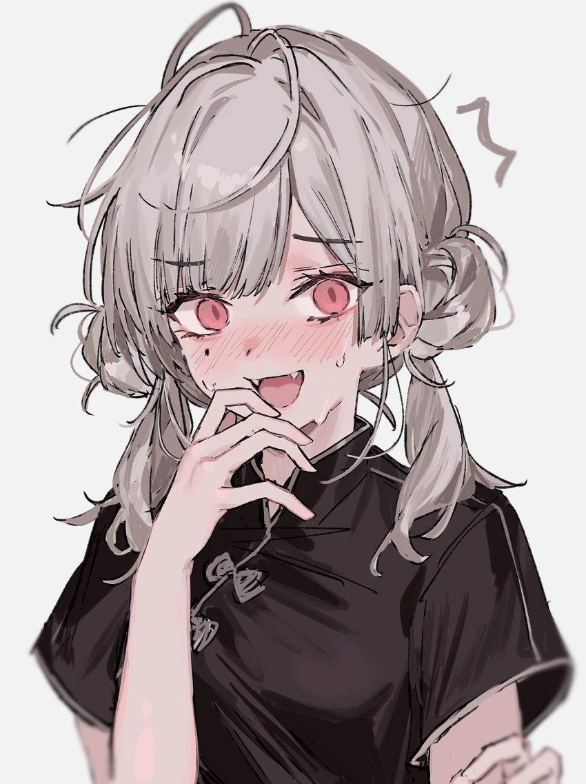 1girl antenna_hair aogisa blush chinese_clothes double_bun eyelashes fangs grey_background grey_hair hair_bun highres long_eyelashes long_hair mole mole_under_eye open_mouth original pink_eyes simple_background solo surprised sweat tongue twintails upper_body wide-eyed