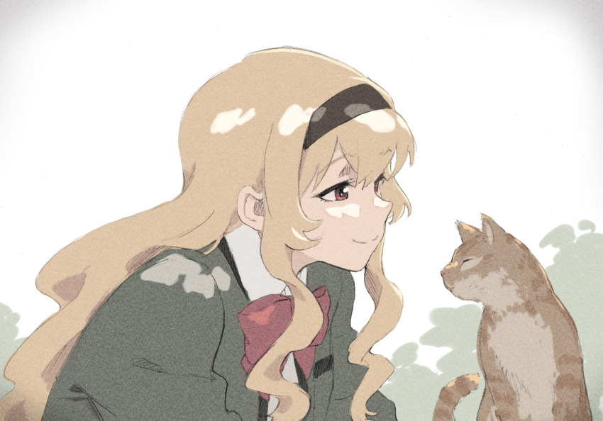 1girl animal bangs black_hairband blazer blonde_hair bow bowtie brown_jacket cat character_request hairband half-closed_eyes jacket long_hair looking_at_animal orange_cat original red_bow red_bowtie red_eyes shiratama_(hockey) sidelocks simple_background sketch smile solo traditional_media wavy_hair