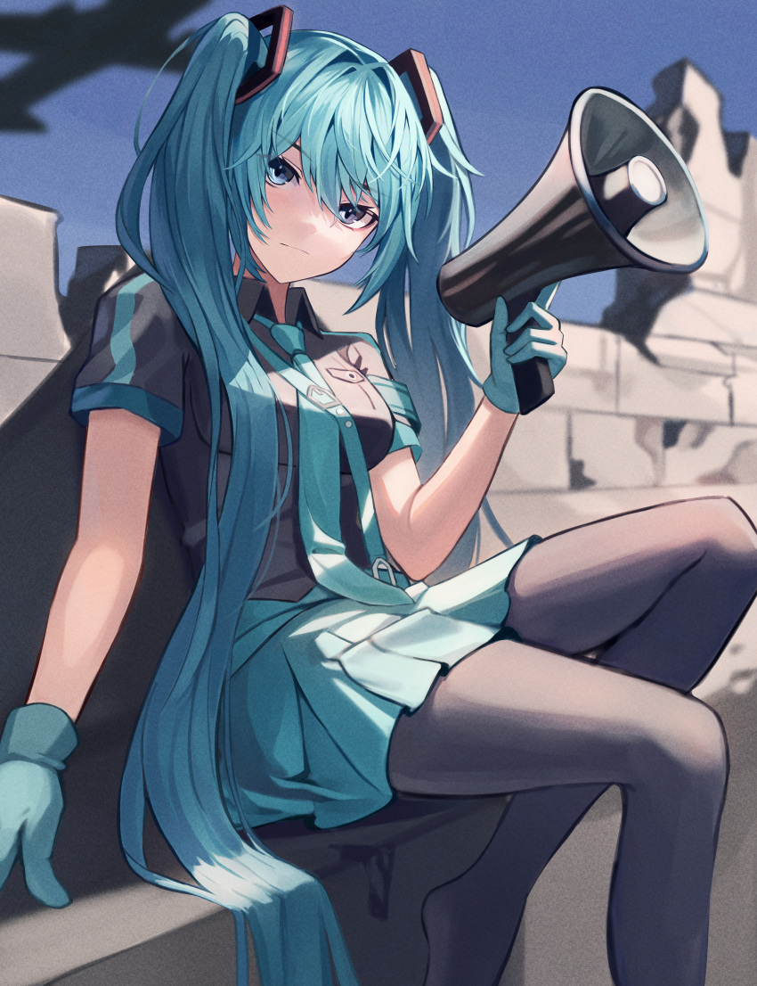 1girl :| absurdres afri aqua_eyes aqua_gloves aqua_hair aqua_necktie aqua_skirt bangs black_pantyhose black_shirt blurry blurry_background breasts brick_wall closed_mouth collared_shirt day gloves hatsune_miku head_tilt highres holding holding_megaphone koi_wa_sensou_(vocaloid) light_frown long_hair looking_at_viewer megaphone necktie no_shoes outdoors pantyhose pleated_skirt shirt short_sleeves sitting skirt small_breasts solo twintails very_long_hair vocaloid