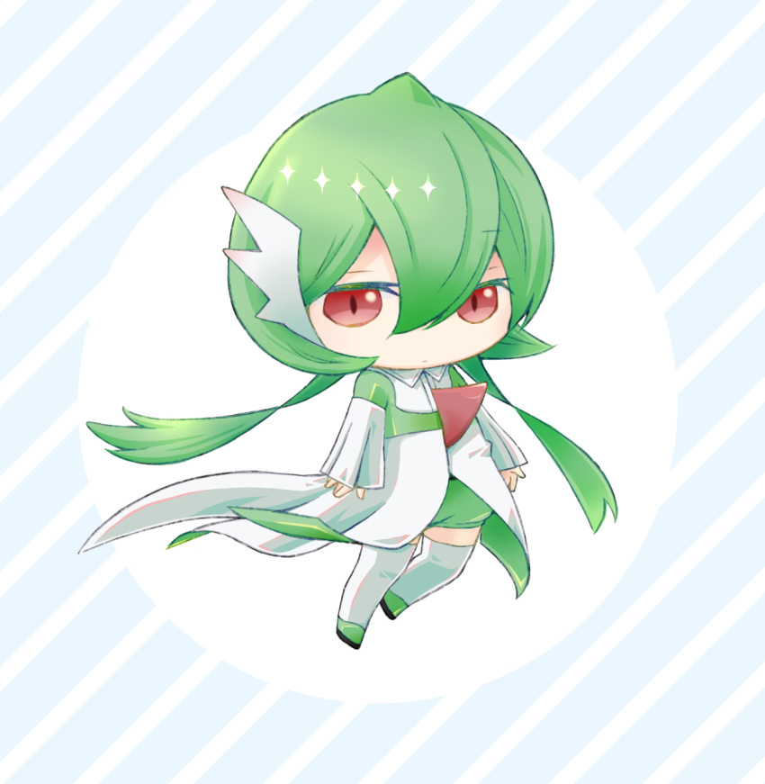 1girl arms_at_sides bangs blue_background chibi closed_mouth collared_dress commentary dress english_commentary flat_chest full_body gardevoir green_footwear green_hair green_shorts hair_between_eyes half-closed_eyes highres humanization long_hair long_sleeves looking_at_viewer okaka_(pixiv_76094340) pokemon red_eyes shiny shiny_hair shoes short_shorts shorts sleeves_past_wrists solo standing striped striped_background thigh-highs twintails very_long_hair vocaloid white_dress white_thighhighs