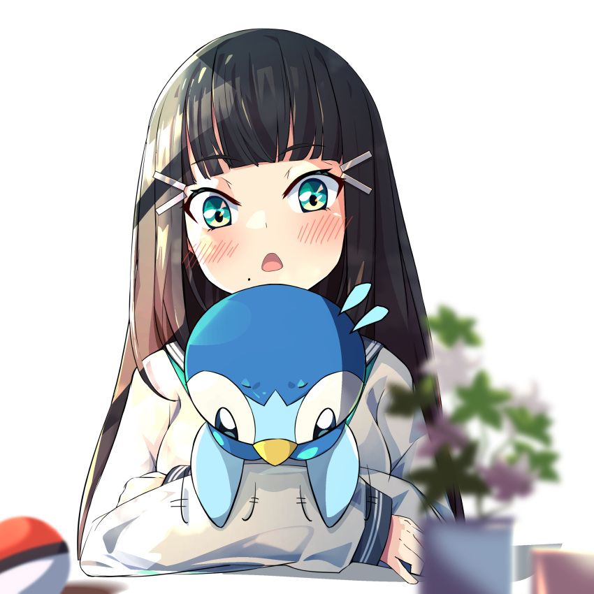 1girl absurdres bangs black_hair blunt_bangs blush blush_stickers chestnut_mouth commission crossed_arms green_eyes hair_ornament hairclip highres holding holding_pokemon kurosawa_dia long_hair long_sleeves looking_down love_live! love_live!_sunshine!! mole mole_under_mouth motion_lines open_mouth piplup pixiv_request plant poke_ball pokemon pokemon_(creature) potted_plant school_uniform serafuku solo struggling sweatdrop woruta_(soloistlist)