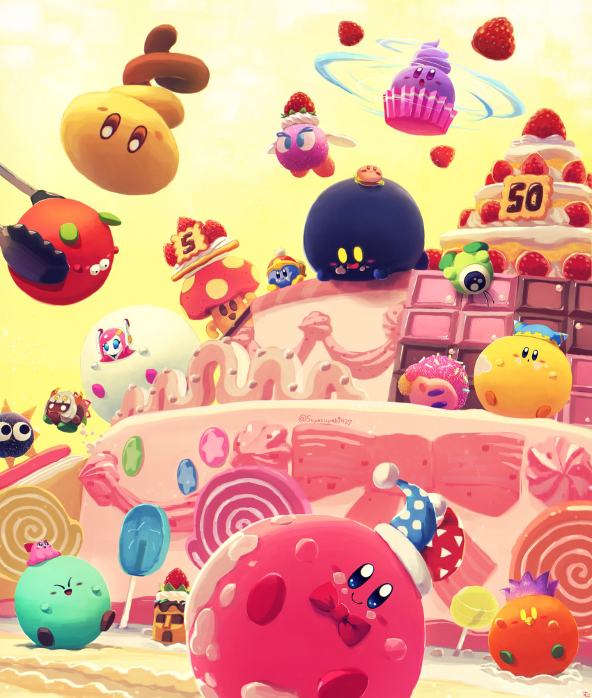 blue_skin blush_stickers bow bowtie bronto_burt cake cake_slice candy cappy_(kirby) character_mask chocolate chocolate_bar chuchu_(kirby) colored_skin copy_ability cosplay cupcake flying food food_on_face fruit gordo happy hat highres jester_cap kabu_(kirby) king_dedede king_dedede_(cosplay) kirby kirby's_dream_buffet kirby_(series) lollipop looking_at_viewer magolor magolor_(cosplay) marx_(kirby) marx_(kirby)_(cosplay) mask no_humans o_o open_mouth orb sprinkles star_(symbol) strawberry susie_(kirby) suyasuyabi taranza tongs twitter_username waddle_dee waddle_doo white_skin wings