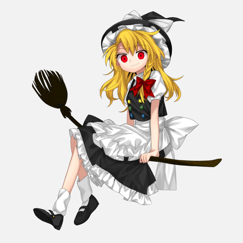 100th_black_market 1girl apron back_bow bangs black_footwear black_headwear black_skirt black_vest blonde_hair bow braid breasts broom broom_riding buttons closed_mouth commentary_request flying frills grey_background hair_between_eyes hair_bow harukawa_moe_(style) hat hat_bow highres keiki8296 kirisame_marisa long_hair looking_at_viewer medium_breasts puffy_short_sleeves puffy_sleeves red_bow red_eyes shirt shoes short_sleeves simple_background single_braid sitting skirt smile socks solo touhou vest white_apron white_bow white_shirt white_socks witch_hat