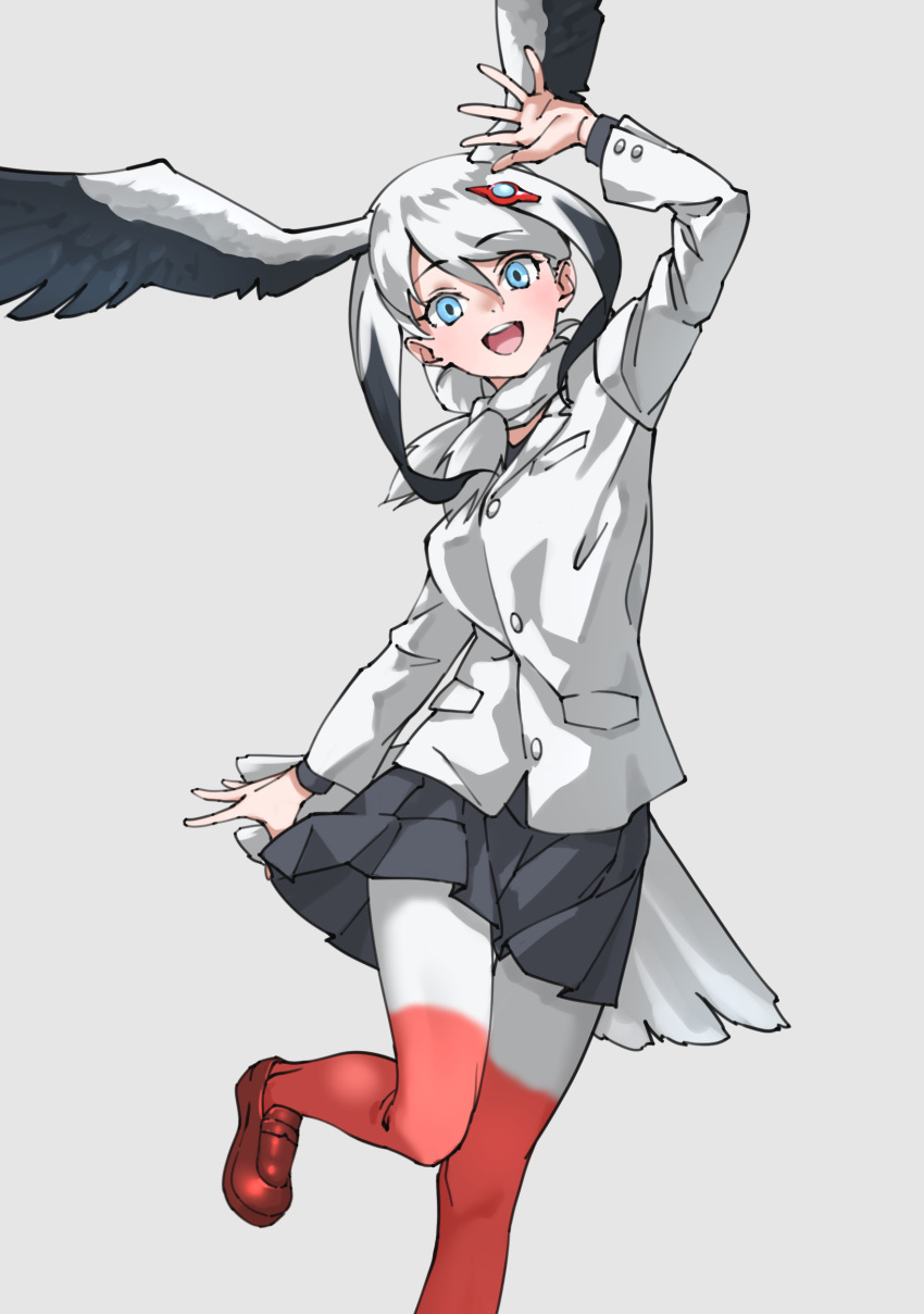 1girl :d absurdres arm_up bird_tail black_hair black_skirt blue_eyes commentary grey_background hair_ornament hairclip head_wings highres jacket kemono_friends long_sleeves looking_at_viewer open_mouth oriental_stork_(kemono_friends) pantyhose pleated_skirt red_footwear red_pantyhose shoes short_hair sidelocks simple_background skirt smile solo tail tanabe_(fueisei) two-tone_legwear white_hair white_jacket white_pantyhose