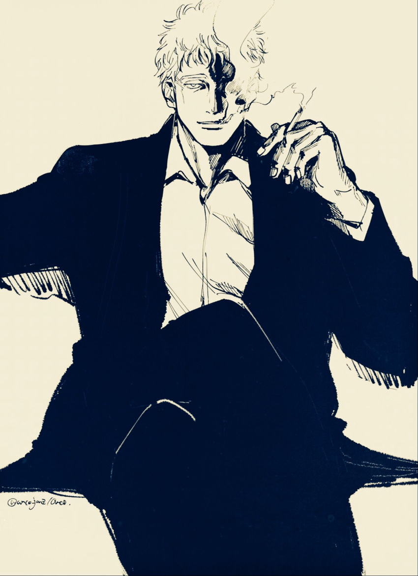 1boy all_for_one_(boku_no_hero_academia) anco_(anco_jamz) arm_support bad_source boku_no_hero_academia collared_shirt crossed_legs formal highres male_focus monochrome parted_lips shaded_face shirt short_hair simple_background sitting smile smoke smoking smug suit twitter_username