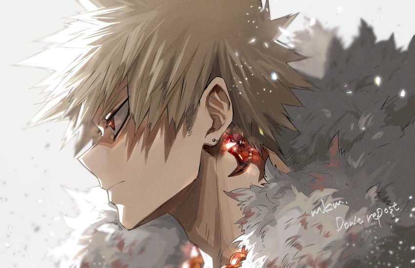 1boy absurdres artist_name bakugou_katsuki bangs bead_necklace beads blonde_hair boku_no_hero_academia earrings from_side fur_trim glowing grey_background highres jewelry mkm_(mkm_storage) necklace profile short_hair simple_background solo spiky_hair