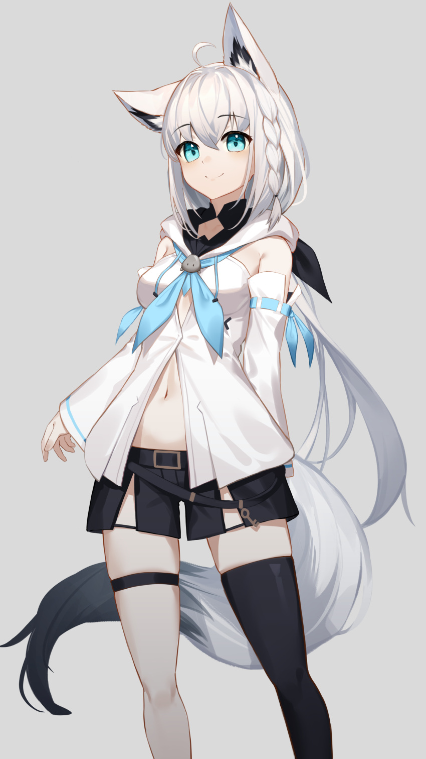 1girl absurdres ahoge animal_ear_fluff animal_ears arm_behind_back bangs black_shorts black_thighhighs blue_neckerchief braid breasts closed_mouth commentary detached_sleeves english_commentary fox_ears fox_girl fox_tail front_slit grey_background hair_between_eyes highres hololive hood hood_down long_hair long_sleeves looking_at_viewer low_ponytail medium_breasts navel neckerchief ribbon-trimmed_sleeves ribbon_trim shirakami_fubuki shorts side_braid sidelocks simple_background single_thighhigh smile solo standing stomach tail thigh-highs thigh_strap very_long_hair virtual_youtuber wazd0183 white_hair wide_sleeves