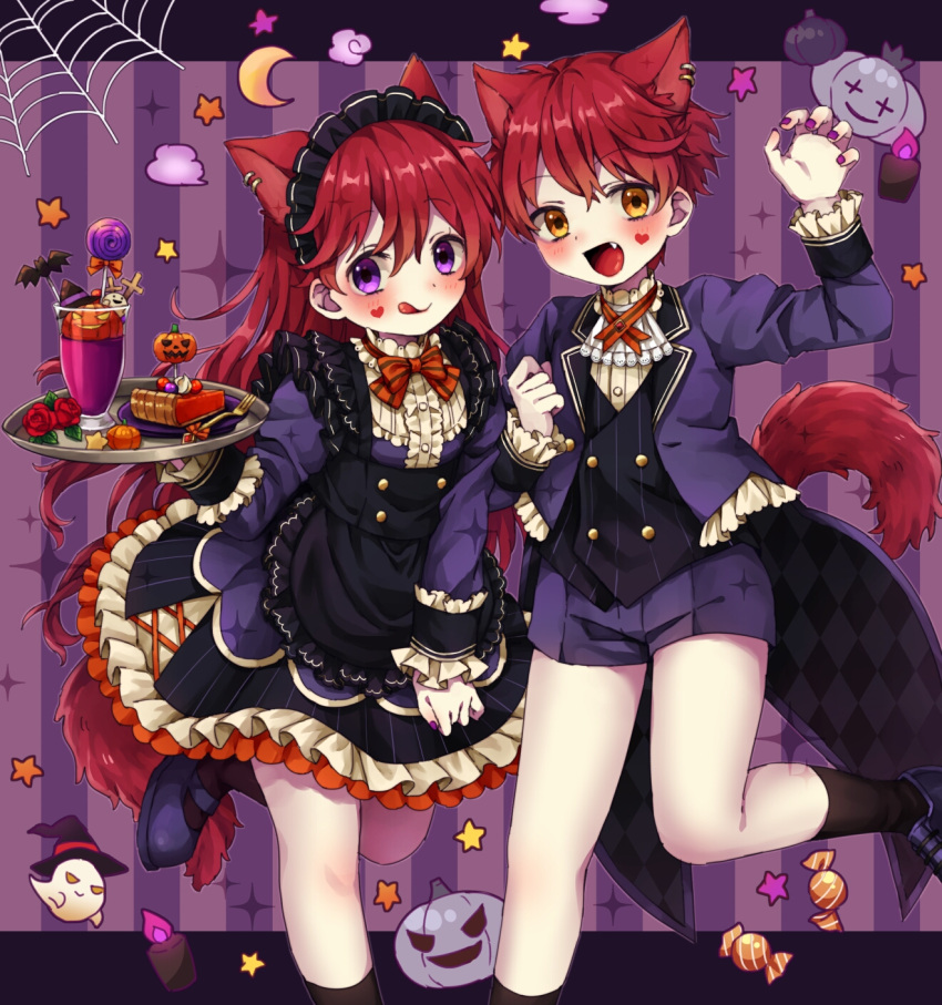 1boy 1girl animal_ears dress facial_tattoo heart heart_tattoo highres long_hair looking_at_viewer matching_outfit original purple_background redhead rii_(pixiv11152329) short_hair shorts siblings star_(symbol) tail tattoo tongue tongue_out twins violet_eyes wolf_boy wolf_ears wolf_girl wolf_tail yellow_eyes