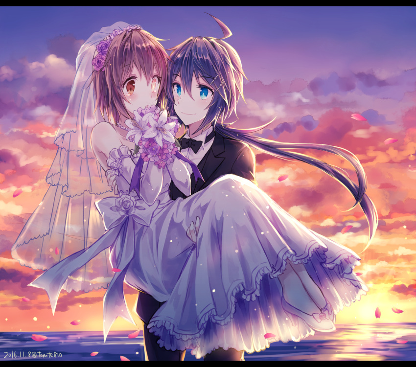 2girls ahoge black_hair blue_eyes blush bouquet bow bowtie bridal_veil bride brown_eyes brown_hair carrying commentary_request dated dress elbow_gloves flower footwear_bow furutaka_(kancolle) gloves groom hair_ornament hairclip heterochromia highres kabocha_torute kako_(kancolle) kantai_collection letterboxed multiple_girls princess_carry revision short_hair smile twitter_username veil wedding_dress wife_and_wife yuri