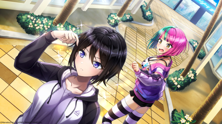 2girls bangs black_hair black_shorts blunt_bangs bob_cut breasts copyright dolphin_wave dutch_angle game_cg green_hair helly_lewis highres hood hooded_sweater large_breasts multicolored_hair multiple_girls official_art open_mouth pink_hair short_hair shorts striped striped_thighhighs suminoe_shion sweater thigh-highs two-tone_hair violet_eyes yellow_eyes