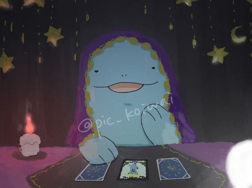animal_focus candle card commentary_request indoors no_humans pic_koiwai pokemon pokemon_(creature) quagsire solo tarot the_hanged_man_(tarot) twitter_username upside-down veil