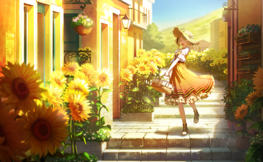 azusawa_kohane blush brown_eyes brown_hair dress hanging_plant project_sekai short_hair smile sunflower wall_lamp