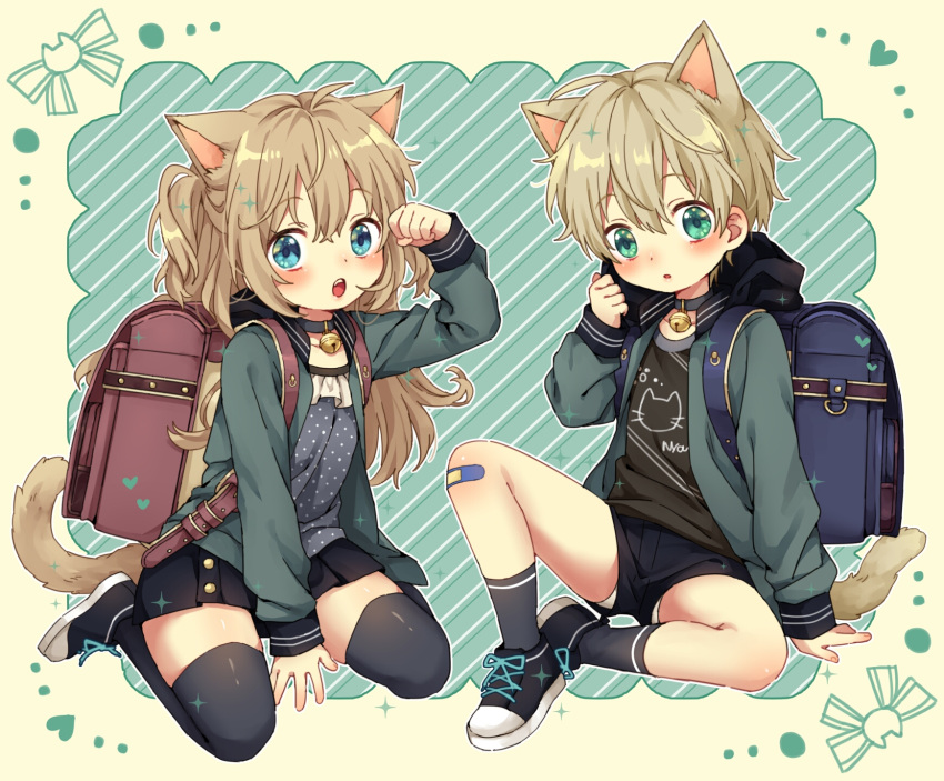 1boy 1girl animal_ears bandaid bandaid_on_knee bandaid_on_leg blonde_hair blue_eyes cat_boy cat_ears cat_girl cat_tail full_body highres long_hair original rii_(pixiv11152329) shoes short_hair shorts siblings sitting skirt socks tail thigh-highs twins wariza