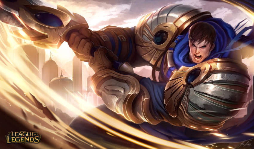1boy alex_flores armor artist_name blue_eyes brown_hair city clouds cloudy_sky day fantasy feet_out_of_frame fighting_stance garen_(league_of_legends) gauntlets gloves highres league_of_legends leather leather_belt logo long_sword male_focus manly mature_male muscular muscular_male non-web_source official_art open_mouth outdoors scarf short_hair shoulder_pads signature sky solo sunlight sword teeth tongue warrior weapon