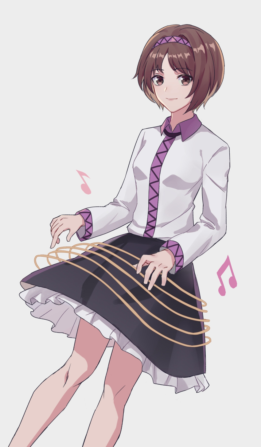1girl absurdres beamed_eighth_notes black_skirt brown_eyes brown_hair chaoyu_(scrjx) closed_mouth collared_shirt eighth_note feet_out_of_frame frilled_skirt frills hairband highres light_smile long_sleeves musical_note purple_hairband shirt short_hair simple_background skirt solo touhou tsukumo_yatsuhashi white_background white_shirt