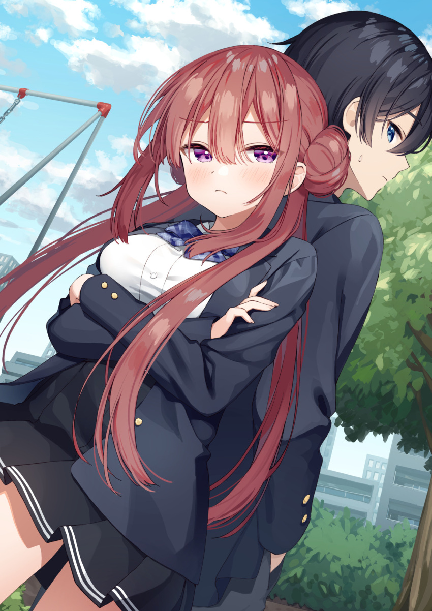 1boy 1girl back-to-back black_hair black_skirt blue_bow blue_eyes blush bow building bush closed_mouth clouds cloudy_sky crossed_arms double_bun fingernails hair_between_eyes hair_bun hand_in_pocket highres long_fingernails long_hair looking_at_another muninshiki official_art original outdoors plaid plaid_bow school_uniform skirt sky sweat swing_set tree violet_eyes