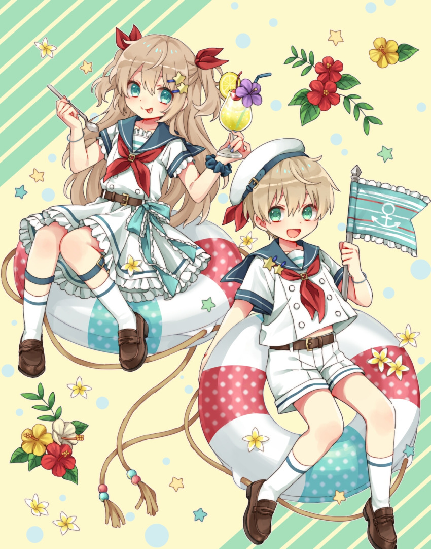 1boy 1girl aqua_eyes blonde_hair blue_background dress flower full_body hat highres loafers long_hair looking_at_viewer matching_outfit multicolored_background original rii_(pixiv11152329) sailor_collar sailor_dress sailor_shirt sandals shirt shoes short_hair shorts siblings socks twins white_background