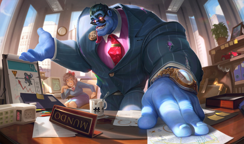 1boy 1girl alternate_costume black_hair blue_skin brown_eyes brown_hair building case cellphone chart chart_(object) coat coffee coffee_mug collared_coat collared_shirt colored_skin computer corporate_mundo cup day desk dr._mundo dress feet_out_of_frame glowing glowing_eyes highres league_of_legends lips long_hair looking_at_another mug muscular muscular_male necktie office office_lady official_art paper pencil phone plant portrait portrait_(object) potted_plant red_lips ribbon saliva saliva_trail shelf shirt short_hair sign skirt sky spoon sunglasses sunlight table teeth terrycantal thick_arms thick_eyebrows tongue tongue_out torn_clothes toy warning_sign watch wooden_table
