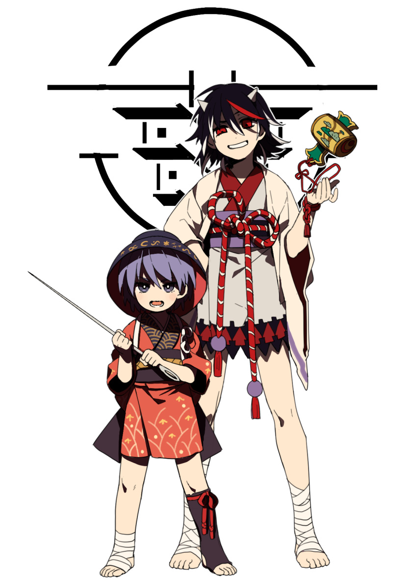 2girls adapted_costume barefoot black_hair black_headwear bowl bowl_hat grin hair_between_eyes harrymiao hat highres holding holding_needle horns japanese_clothes kijin_seija kimono long_sleeves miracle_mallet multicolored_hair multiple_girls needle needle_sword obi open_mouth purple_hair red_eyes red_kimono redhead sash short_hair simple_background smile streaked_hair sukuna_shinmyoumaru touhou violet_eyes white_background white_hair white_kimono wide_sleeves