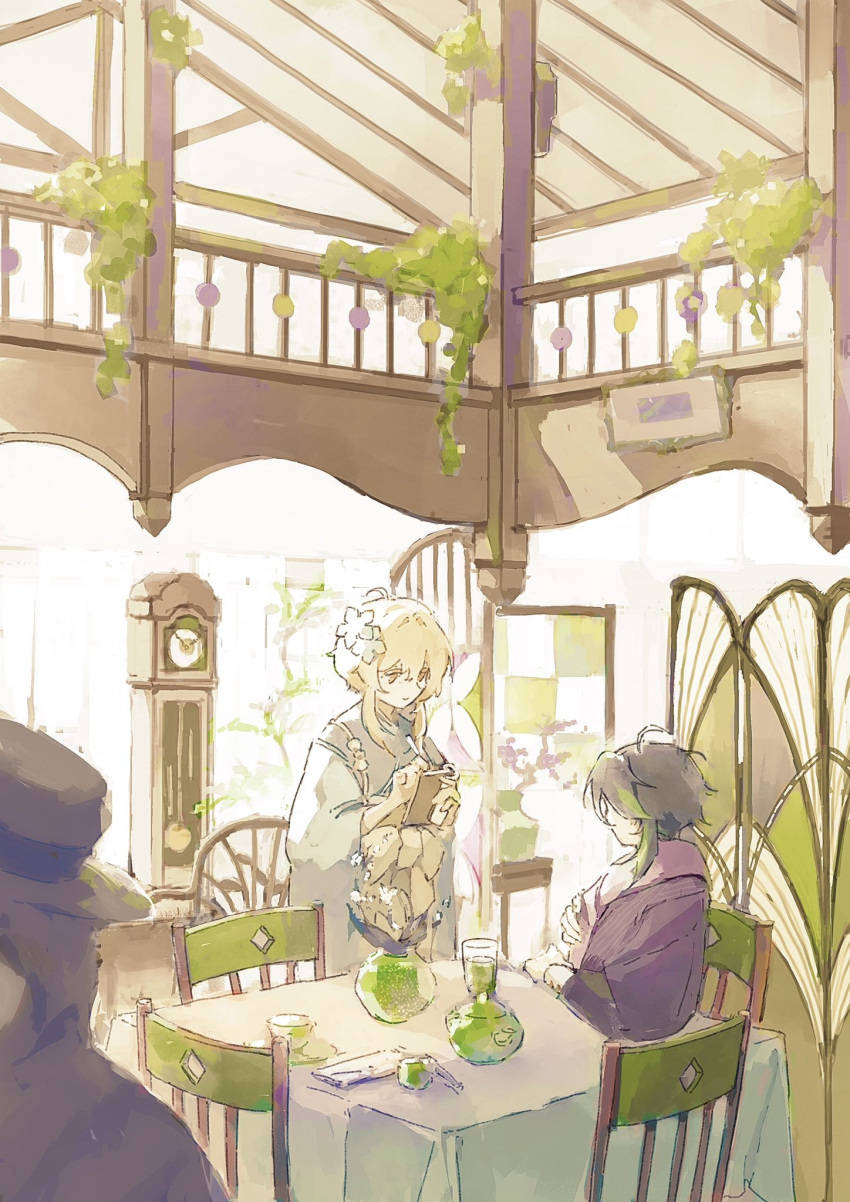 1boy 1girl 1other black_hair blonde_hair blue_kimono bow chair clock closed_mouth commentary cup cutlery drinking_glass facing_another flower folding_screen genshin_impact grandfather_clock green_hair green_tea hair_flower hair_ornament haori highres holding holding_notepad holding_pencil indoors jacket japanese_clothes kimono looking_at_another lumine_(genshin_impact) multicolored_hair n_s_egg notepad pencil purple_jacket purple_scarf restaurant sash sash_bow scarf sitting smile streaked_hair sunlight symbol-only_commentary tablecloth tea teapot wa_maid waitress white_bow white_flower white_sash xiao_(genshin_impact) yellow_eyes