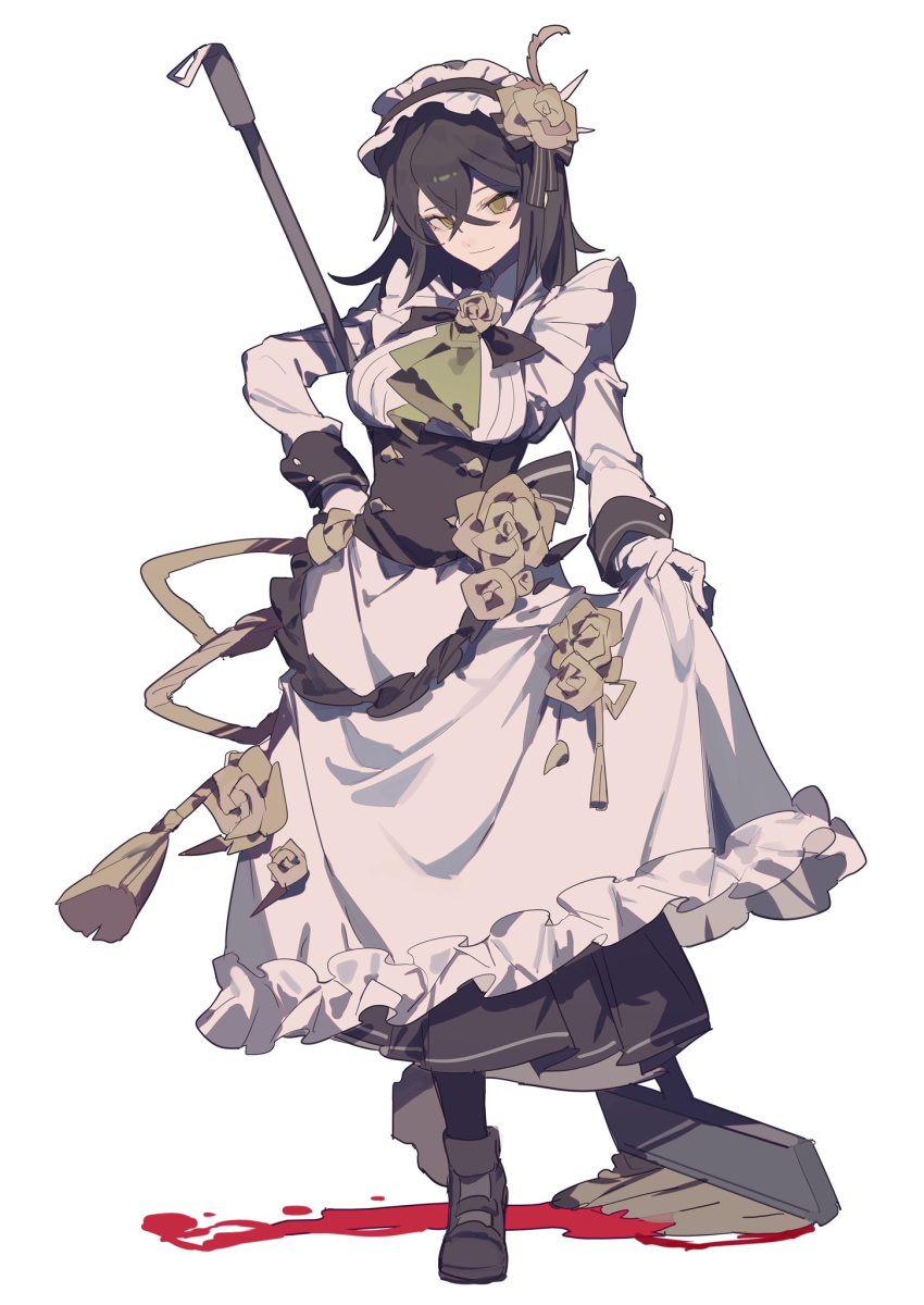 1girl apron ascot bangs black_footwear black_hair black_hairband black_skirt blood blood_on_ground boots breasts buttons clothes_lift crossed_bangs dress dress_lift flower frilled_dress frills full_body gloves green_ascot green_eyes hair_between_eyes hairband hat hat_flower headdress highres itokenaikei lifted_by_self long_skirt long_sleeves looking_at_viewer maid maid_apron medium_breasts medium_hair mop original rope rose sash simple_background skirt solo standing tachi-e white_background white_dress white_gloves