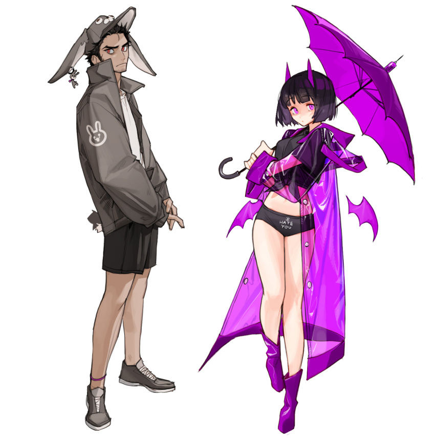 1boy 1girl black_hair black_panties black_shorts boots grey_footwear grey_jacket hat highres holding holding_umbrella horns jacket long_sleeves midriff navel original panties purple_footwear purple_horns purple_jacket purple_umbrella red_eyes rinotuna see-through see-through_jacket shirt shoes short_hair short_sleeves shorts simple_background umbrella underwear violet_eyes white_background white_shirt