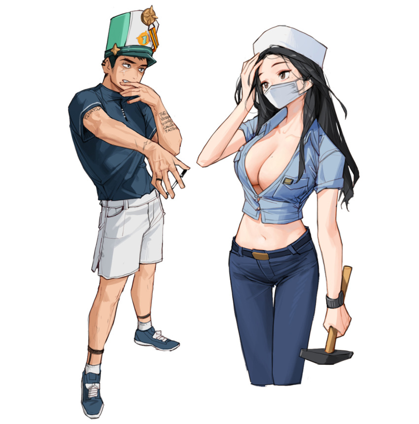 1boy 1girl belt black_footwear black_hair black_shirt blue_pants blue_shirt breast_pocket breasts hat highres large_breasts long_hair mask midriff mouth_mask navel no_bra original pants partially_unbuttoned pickaxe pocket rinotuna shirt shirt_tucked_in shoes short_hair short_sleeves shorts simple_background white_background white_headwear white_mask white_shorts