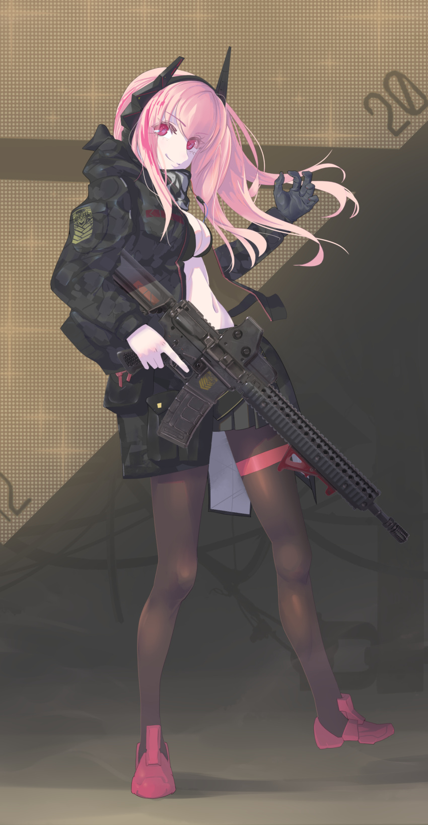 1girl absurdres assault_rifle bangs black_jacket black_pantyhose closed_mouth commentary_request full_body girls_frontline gun headgear highres holding holding_weapon jacket long_hair looking_at_viewer looking_to_the_side m4_carbine m4_sopmod_ii_(girls'_frontline) multicolored_hair pantyhose pink_hair red_eyes redhead rifle shu70077 smile solo standing streaked_hair weapon