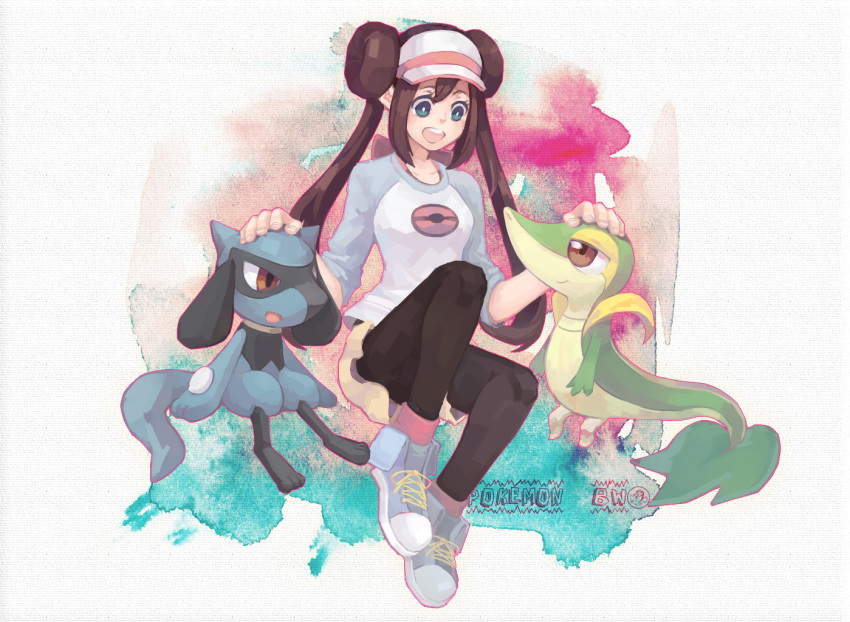 1girl :d black_pantyhose blue_eyes blue_footwear brown_hair bubux double_bun doughnut_hair_bun hair_bun legwear_under_shorts pantyhose pokemon pokemon_(game) pokemon_bw2 raglan_sleeves riolu rosa_(pokemon) shoes shorts smile sneakers snivy visor_cap yellow_shorts