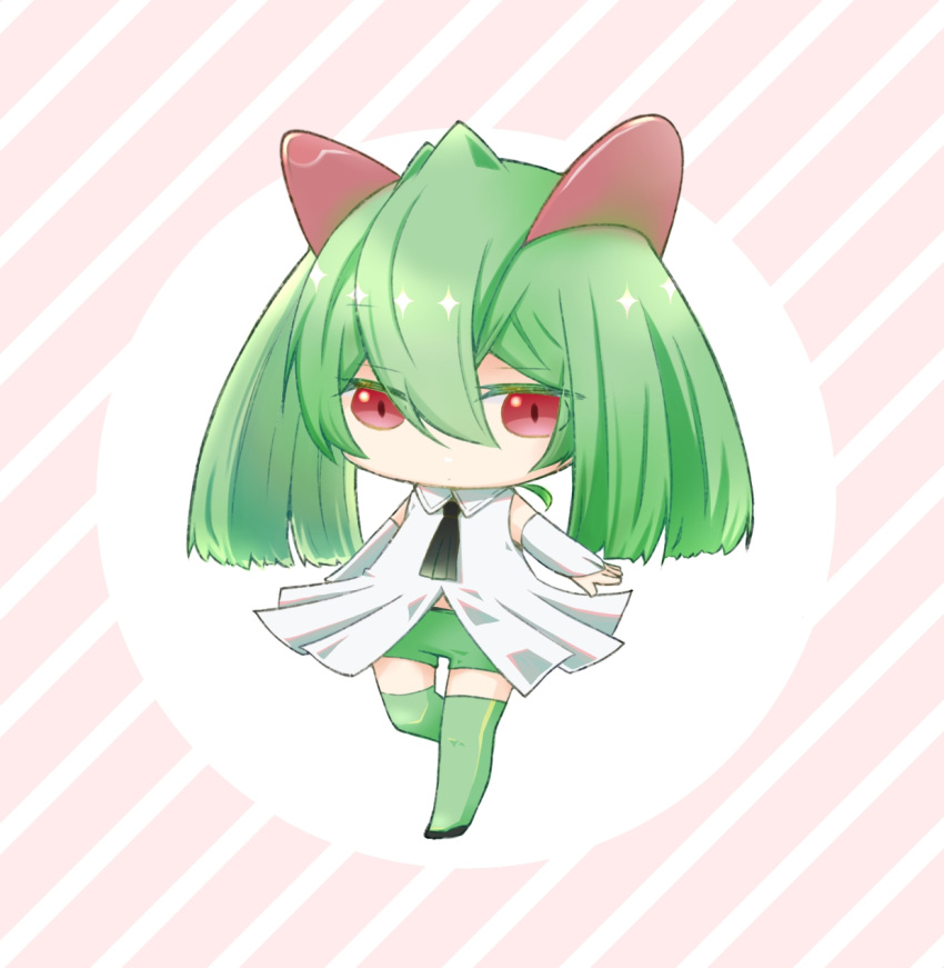 1girl arm_at_side bangs black_footwear black_neckerchief chibi closed_mouth collared_dress commentary detached_sleeves dress english_commentary expressionless flat_chest full_body green_hair green_shorts green_thighhighs hair_between_eyes half-closed_eyes highres humanization kirlia leg_up long_hair looking_at_viewer neckerchief okaka_(pixiv_76094340) pink_background pokemon red_eyes shiny shiny_hair shoes short_dress short_shorts shorts sidelocks sleeveless sleeveless_dress solo standing standing_on_one_leg striped striped_background thigh-highs vocaloid white_dress white_sleeves