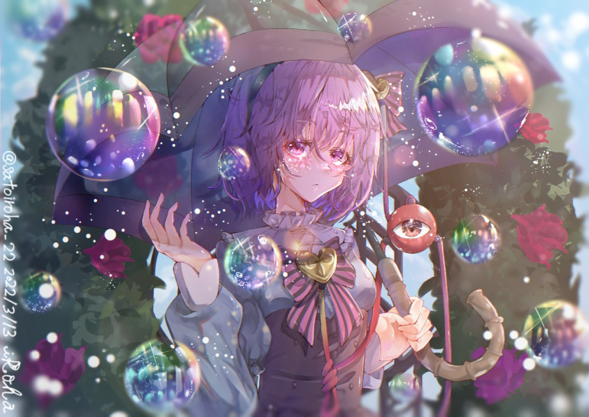 1girl :/ adapted_costume artist_name black_hairband blue_shirt blush bow bowtie bubble bush closed_mouth commentary corset dated flower hair_between_eyes hair_bow hair_ornament hairband hand_up heart heart_hair_ornament holding holding_umbrella iroha_no_heya komeiji_satori long_sleeves looking_at_viewer medium_hair pink_bow pink_bowtie purple_hair red_eyes red_flower red_rose rose rose_bush shirt signature solo sparkle striped striped_bow striped_bowtie third_eye touhou transparent transparent_umbrella umbrella upper_body violet_eyes