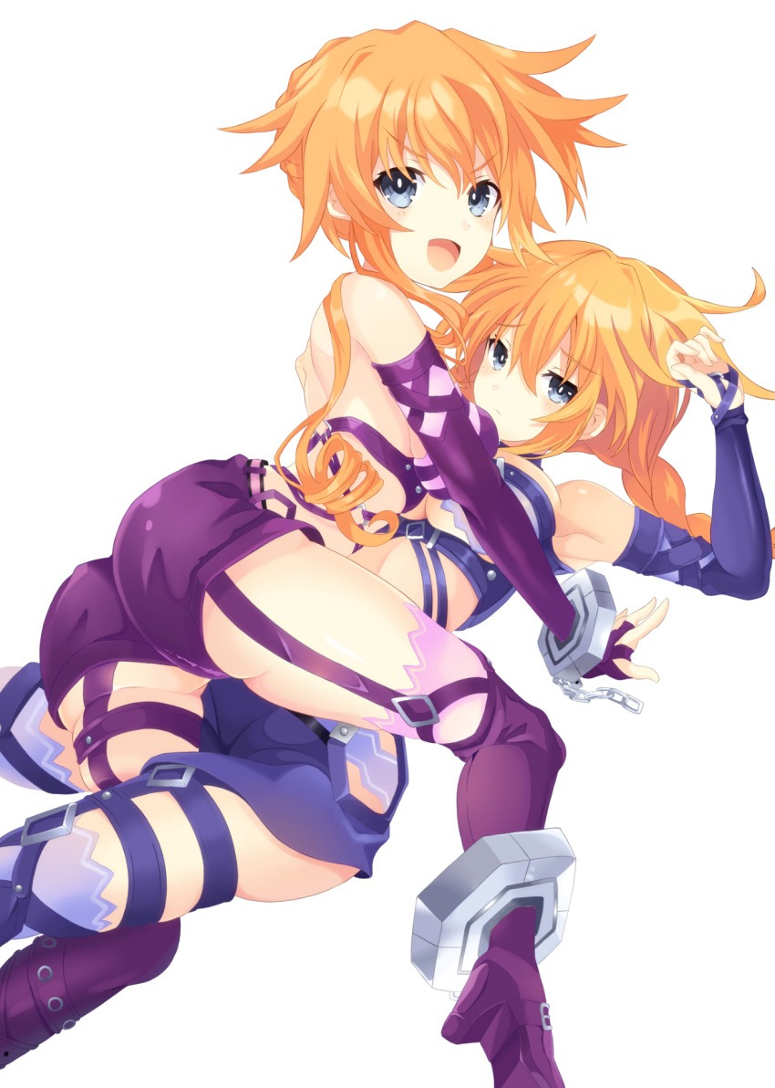 2girls :d all_fours armpits ass asymmetrical_docking backless_outfit bare_shoulders bdsm between_legs blue_eyes blue_skirt blush boots braid braided_ponytail breast_press breasts chain cuffs date_a_live detached_sleeves drill_hair frown garter_straps girl_on_top handcuffs happy high_heel_boots high_heels highres kneeling large_breasts legs long_hair looking_at_viewer looking_back lying medium_breasts midriff miniskirt multiple_girls on_back orange_hair pink_thighhighs purple_shorts ramu-on@_shinon short_shorts shorts siblings sidelocks sisters skirt smile thigh-highs thigh_boots thighs twin_drills twins under_boob very_long_hair yamai_kaguya yamai_yuzuru