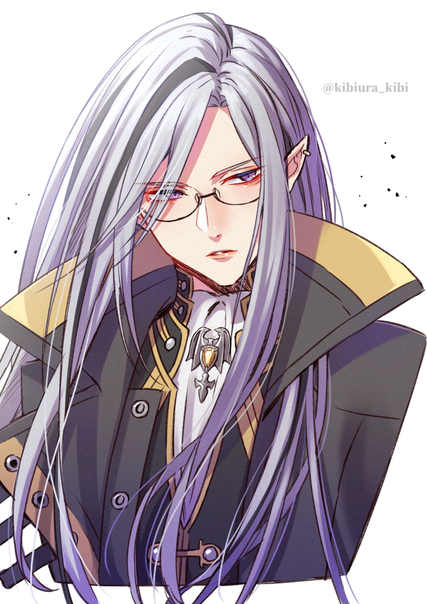 1boy ascot bangs black_coat black_hair black_vest brooch coat commentary cropped_arms cropped_torso earrings english_commentary facing_viewer glasses grey_hair high_collar highres holostars holostars_english jewelry long_hair male_focus multicolored_hair noir_vesper parted_bangs parted_lips pointy_ears setuna_kateibu sideways_glance simple_background solo streaked_hair twitter_username vest violet_eyes virtual_youtuber white_ascot white_background