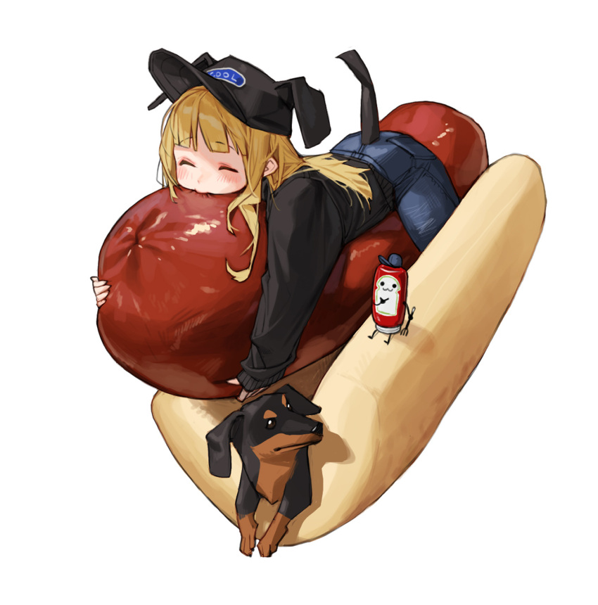 1girl bangs black_headwear black_shirt blonde_hair blue_pants blush closed_eyes dachshund dog highres hot_dog ketchup_bottle long_hair original pants rinotuna shadow shirt simple_background solo white_background