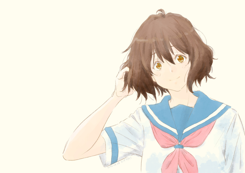 1girl bangs blue_sailor_collar brown_eyes brown_hair closed_mouth hair_between_eyes hibike!_euphonium kitauji_high_school_uniform looking_at_viewer neckerchief oumae_kumiko pink_neckerchief sailor_collar school_uniform serafuku shirt short_hair short_sleeves simple_background smile solo sunegeli uniform white_background white_shirt