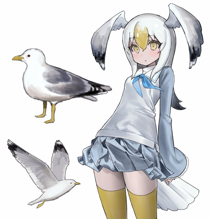 1girl bangs beak bird bird_girl bird_tail bird_wings blonde_hair blue_skirt blue_sleeves dot_mouth dot_nose expressionless flying frilled_sleeves frills hair_between_eyes highres light_blush long_hair long_sleeves multicolored_hair nn1004 original personification pleated_skirt seagull shirt sidelocks simple_background skirt solo standing streaked_hair tail thigh-highs white_background white_hair white_shirt wing_ears wings yellow_eyes yellow_thighhighs zettai_ryouiki