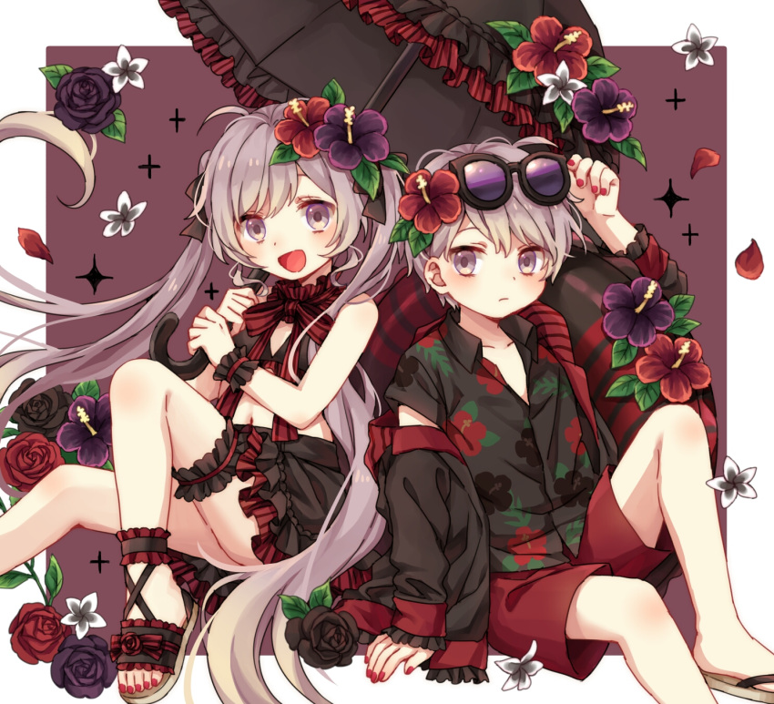 1boy 1girl dress facing_viewer gothic gothic_lolita highres lolita_fashion long_hair looking_at_viewer looking_to_the_side matching_outfit nail_polish original purple_hair rii_(pixiv11152329) short_hair siblings sitting twins twintails umbrella violet_eyes