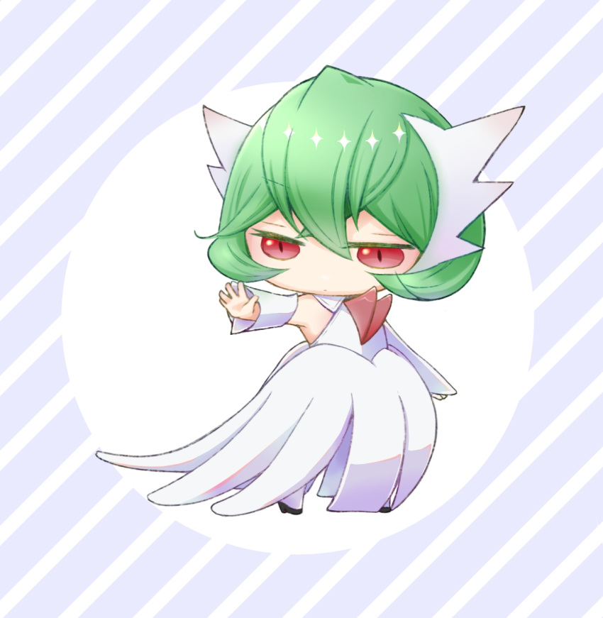 1girl arm_at_side arm_up bangs bare_shoulders black_footwear blue_background bob_cut chibi closed_mouth commentary crossed_bangs detached_sleeves dress english_commentary expressionless flat_chest full_body gardevoir green_hair hair_between_eyes half-closed_eyes high_heels highres humanization mega_gardevoir mega_pokemon okaka_(pixiv_76094340) outstretched_arm pokemon red_eyes shiny shiny_hair shoes short_hair sidelocks sleeveless sleeveless_dress solo standing striped striped_background thigh-highs vocaloid white_dress white_sleeves white_thighhighs