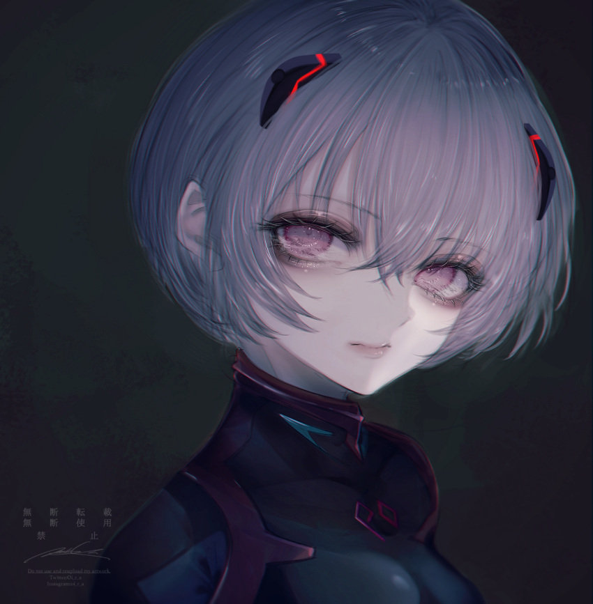 1girl ayanami_rei bangs black_bodysuit bodysuit expressionless highres interface_headset looking_at_viewer neon_genesis_evangelion peginkooo portrait purple_hair solo violet_eyes