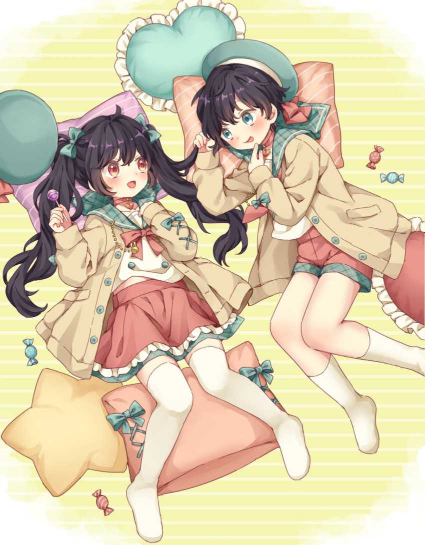 1boy 1girl black_hair blue_eyes cardigan hat highres long_hair looking_at_another lying matching_outfit multicolored_background original pillow red_eyes rii_(pixiv11152329) short_hair siblings socks thigh-highs twins twintails wavy_hair white_background yellow_background