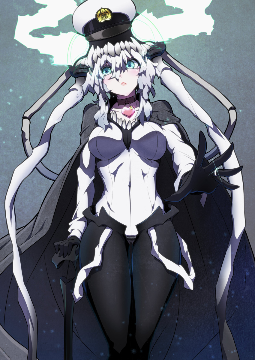 1girl absurdres abyssal_ship cane cape colored_skin commission commissioner_upload hat heart_lock_(kantai_collection) highres jewelry jin_(mugenjin) kantai_collection pale_skin pants ring skeb_commission teeth wedding_ring white_hair white_skin wo-class_aircraft_carrier