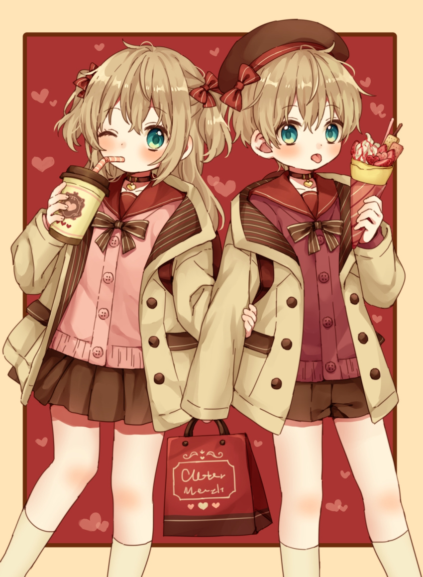 1boy 1girl blonde_hair blue_eyes blush bow brown_shorts brown_skirt choker hair_bow half_updo hat highres long_hair looking_at_viewer matching_outfit one_eye_closed original pink_sweater red_sweater rii_(pixiv11152329) short_hair short_twintails shorts siblings skirt socks sweater tongue tongue_out twins twintails