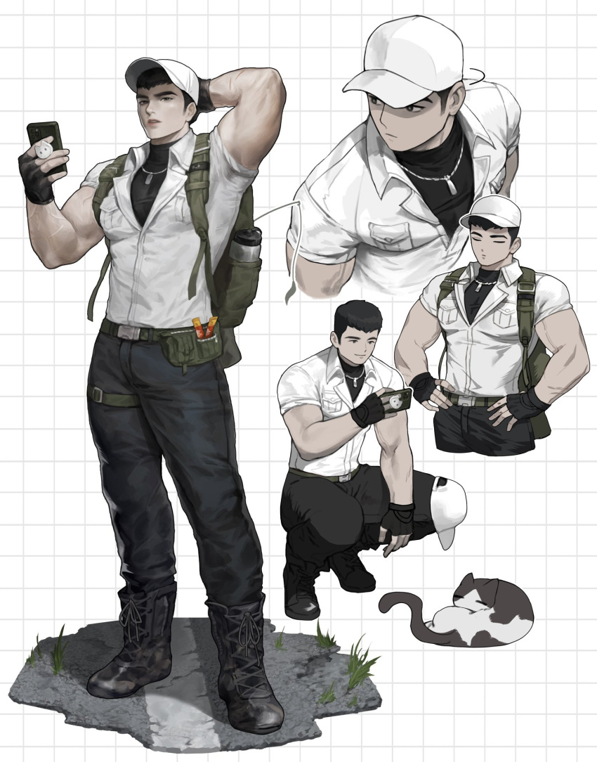 1boy animal arm_behind_head backpack bag baseball_cap black_gloves black_hair black_pants boots cat closed_eyes collared_shirt fingerless_gloves gloves hands_on_hips hat highres holding holding_phone jewelry large_pectorals male_focus multiple_views muscular muscular_male necklace odol_illust original pants pectorals phone selfie shirt short_hair squatting white_shirt