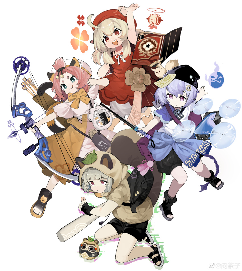 4girls absurdres alternate_costume animal_ear_fluff animal_ears arm_up arrow_(projectile) backpack bag bangs baseball_bat baton_(weapon) beanie beret black_footwear black_headwear black_shorts book boots bow bow_(weapon) bowtie brown_hoodie buruma cat_ears cat_girl cat_tail chinese_clothes closed_mouth clothes_around_waist compound_bow daruma_doll diona_(genshin_impact) dodoco_(genshin_impact) drawing_bow dress drone ears_through_headwear expressionless fingerless_gloves floating floating_book floating_object genshin_impact gloves green_eyes grey_hair hair_ornament hat highres holding holding_bow_(weapon) holding_weapon hood hood_up hoodie klee_(genshin_impact) kuji-in layered_dress leaf leaf_on_head long_hair menthako multiple_girls neck_ribbon open_mouth pink_dress pink_eyes pink_hair purple_hair qiqi_(genshin_impact) quiver raccoon_ears raccoon_girl raccoon_tail red_dress red_eyes red_headwear ribbon sandals sayu_(genshin_impact) shirt short_sleeves shorts shoulder_bag simple_background smile tail thermos thick_eyebrows toeless_footwear toes tongue tongue_out topknot v-shaped_eyebrows weapon weibo_username white_background