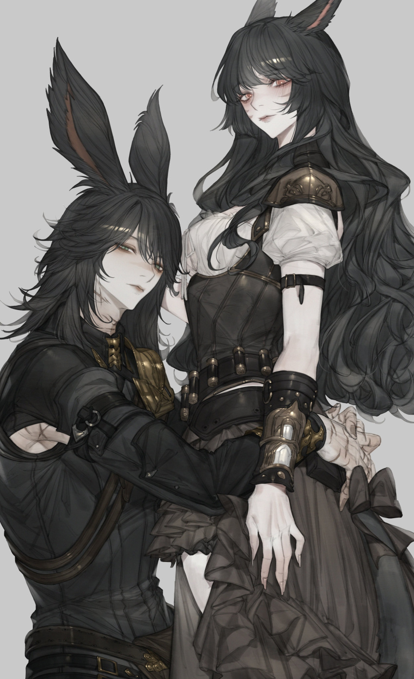 1boy 1girl absurdres animal_ears arm_at_side arm_belt armor arms_around_waist avatar_(ff14) bandolier bangs belt black_hair black_jacket brown_skirt cat_ears collared_jacket commission corset facial_mark feet_out_of_frame final_fantasy final_fantasy_xiv fingernails from_side green_eyes grey_background half-closed_eyes highres jacket long_hair long_sleeves looking_at_viewer medium_hair miqo'te multiple_belts pauldrons pink_eyes puffy_short_sleeves puffy_sleeves rabbit_ears scar scar_on_arm scar_on_hand scar_on_neck second-party_source sharp_fingernails shirt short_sleeves shoulder_armor simple_background skirt tladpwl03 torso_grab turtleneck vambraces viera wavy_hair white_shirt